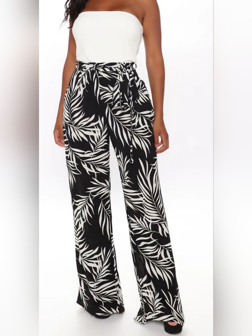Fashion Nova Romper Black & White Tropical Palm-Leaf Tie-Waist Wide Leg Pants